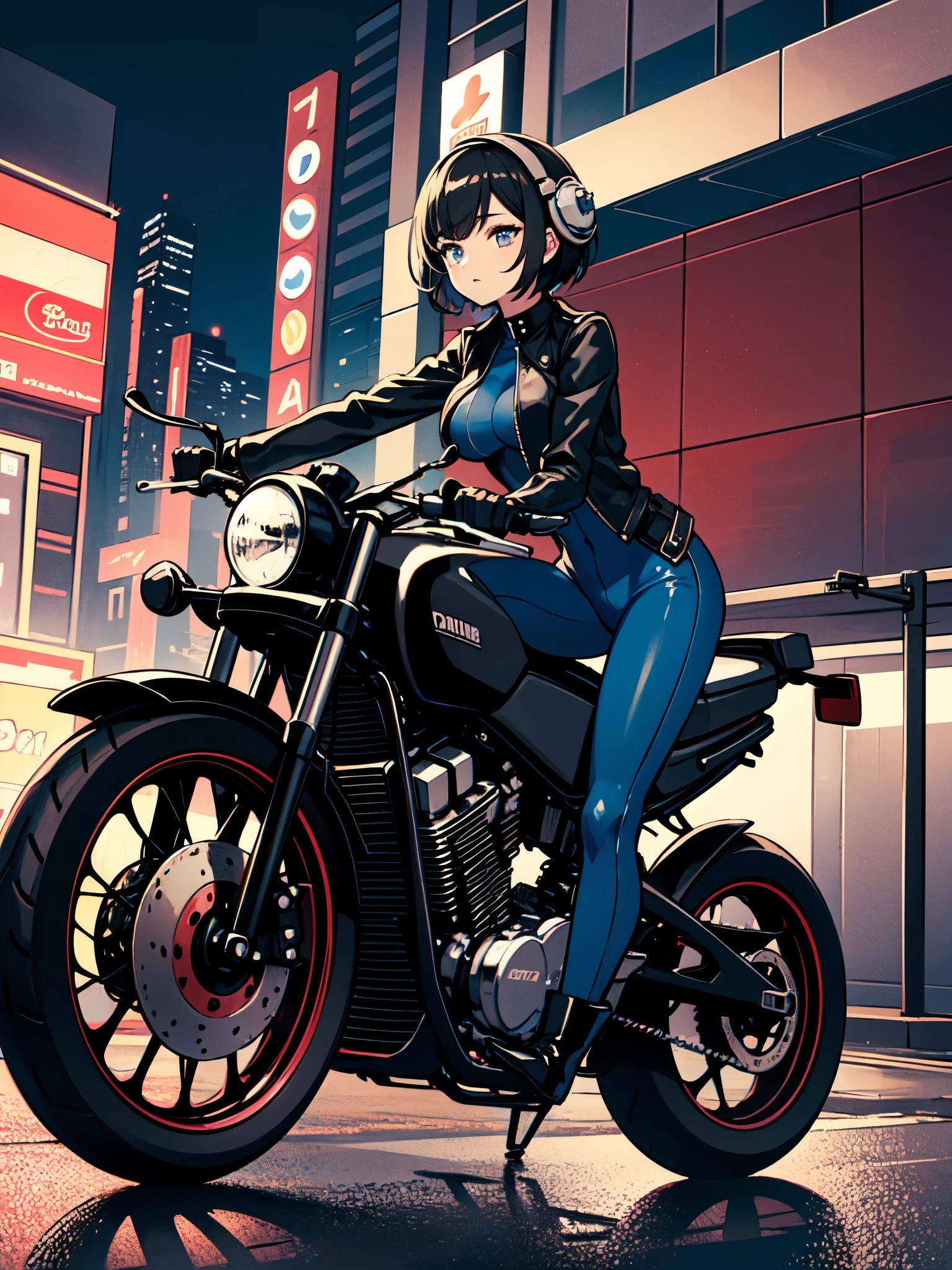 best quality, masterpiece, highres, 1girl, solo, solo focus, blue bodysuit, red bodice, black boots, black leather jacket, fingerless gloves, black hair, short hair, wavy hair, hazel eyes, beautiful detailed eyes, beautiful detailed face, (perfect hands), perfect anatomy, perfect proportions, medium breasts, ground vehicle, helmet, mecha, motor vehicle, motorcycle, on motorcycle, vehicle focus, New York street backdrop, night noir atmosphere