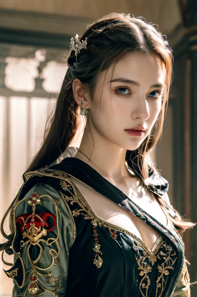 ( masterpiece, top quality, best quality,8k,17 years old girl,ultra detailed,raw photo:1.5),(photorealistic:1.4),(cinematic lighting), PerfectNwsjMajic, , Surrealism, UHD, ccurate, Super detail, textured skin, High detail, Best quality, dynamic angle, (high nose,White skin),[Beautiful blue eyes],[flat chest:large breasts:0.5],(1girl),(good anatomy:0.5)), of a woman in a dress with a sword, a beautiful fantasy empress, ((a beautiful fantasy empress)), beautiful fantasy maiden