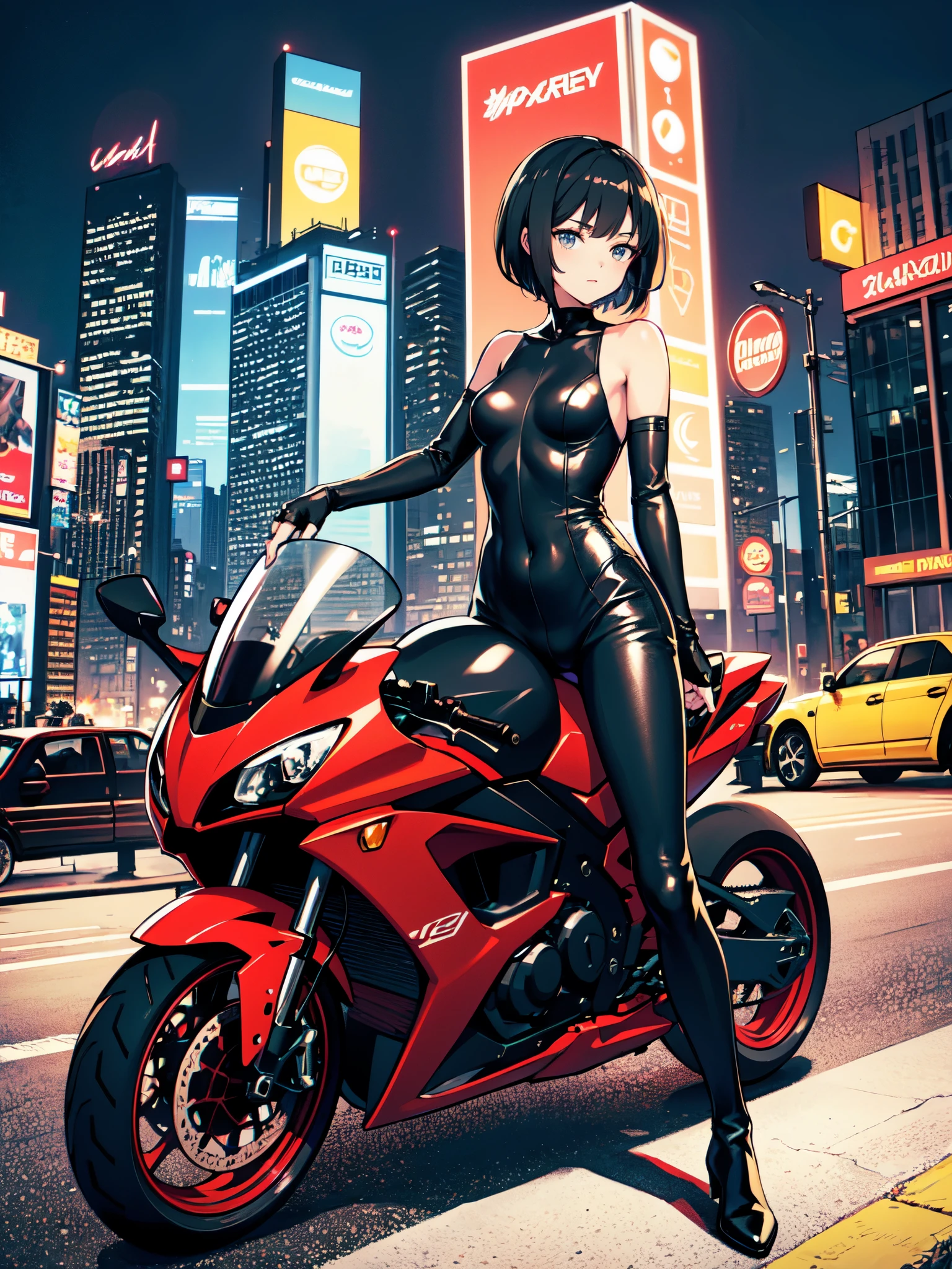 best quality, masterpiece, highres, 1girl, solo, solo focus, blue bodysuit, red bodice, black boots, black leather jacket, fingerless gloves, black hair, short hair, wavy hair, hazel eyes, beautiful detailed eyes, beautiful detailed face, (perfect hands), perfect anatomy, perfect proportions, medium breasts, ground vehicle, helmet, mecha, motor vehicle, motorcycle, on motorcycle, vehicle focus, New York street backdrop, night noir atmosphere