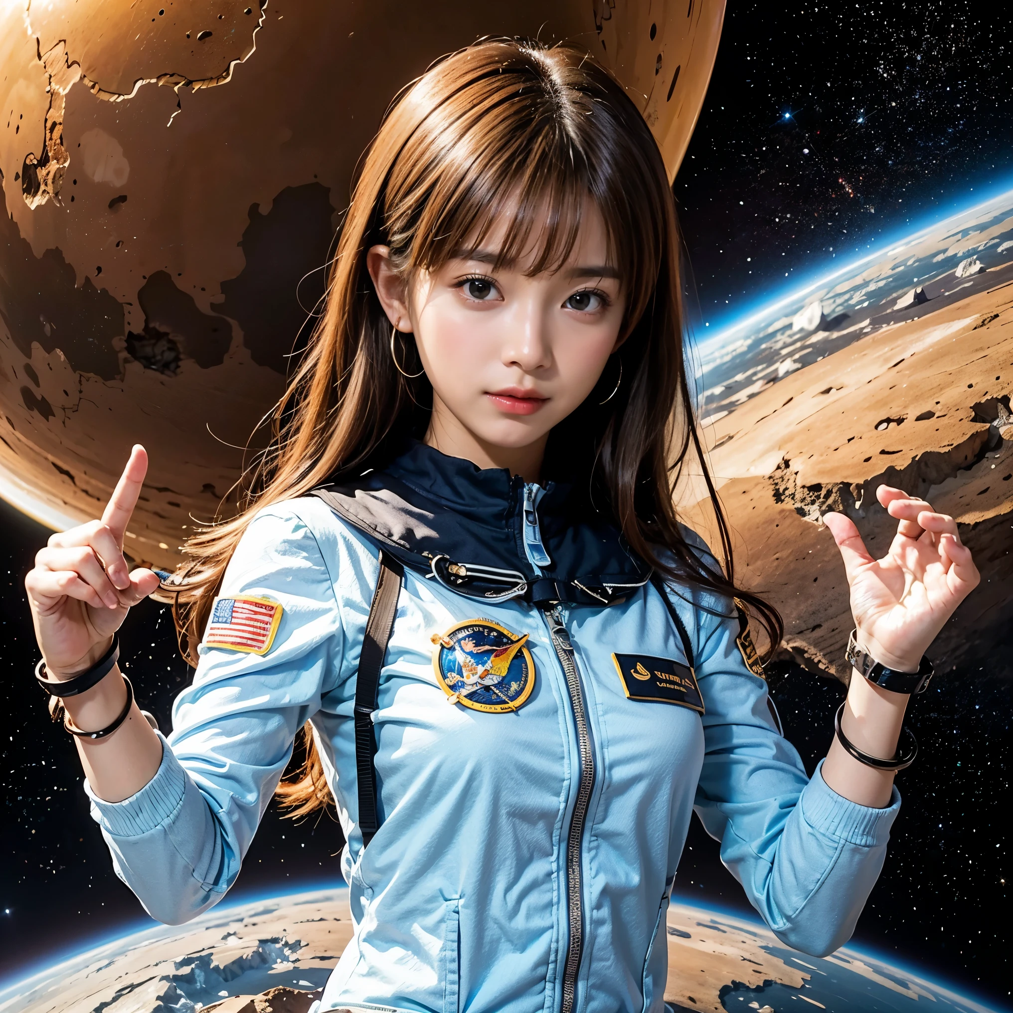 (Tabletop, highest quality:1.2), 8k, Official Art, Surprised expression、Put your hand over your mouth、Wearing a suitいる、Gesture of removing tie、I can see your chest、A rough image of a girl in a uniform holding a globe, Official Artワーク, Portrait Anime Astronaut Girl, with the earth, girl in space, Space High School, Space Girl, planet, Trending on cgstation, extrasolar planet, Official Art, Mars planet, Beautiful anime school girl, sakimichan, Floating next to the planet, galaxy japan、Five Fingers Photos&#39;Body of, Whole Body Ezbian、The beauty of a suit、Big Dipper in the background、star explosion、Beautiful black-haired barefoot woman, hold a flame in your right hand、Tie your tie with your right hand、Look up、Looking down、Cool look、Bright lava lights rise from beneath the asteroid belt over the broken Earth(Jagged rocks and debris flew into the air.:1.3) (Windy dust storm:1.1) Volume fogmist by trace Z、Allows bright light from below to pass through、 (masterpiece) (highest quality) (detailed) (8k) (Cinema lighting) (Sharp focus) (Complex)Black-haired、14 years、、fun、Laughter、unbelievably ridiculous, (Beautiful girl, Pretty face, lean back, Gold ornament in hair、Wearing a suit、close, Wearing a suitいる, Short sleeve, Gardenia, Violet, space , View your viewers, Film Grain, chromatic aberration,  sharp focus, Face Light, Dynamic Lighting, Cinema Lighting, Detailed eyes and face, (Grey tie、1:1.2)