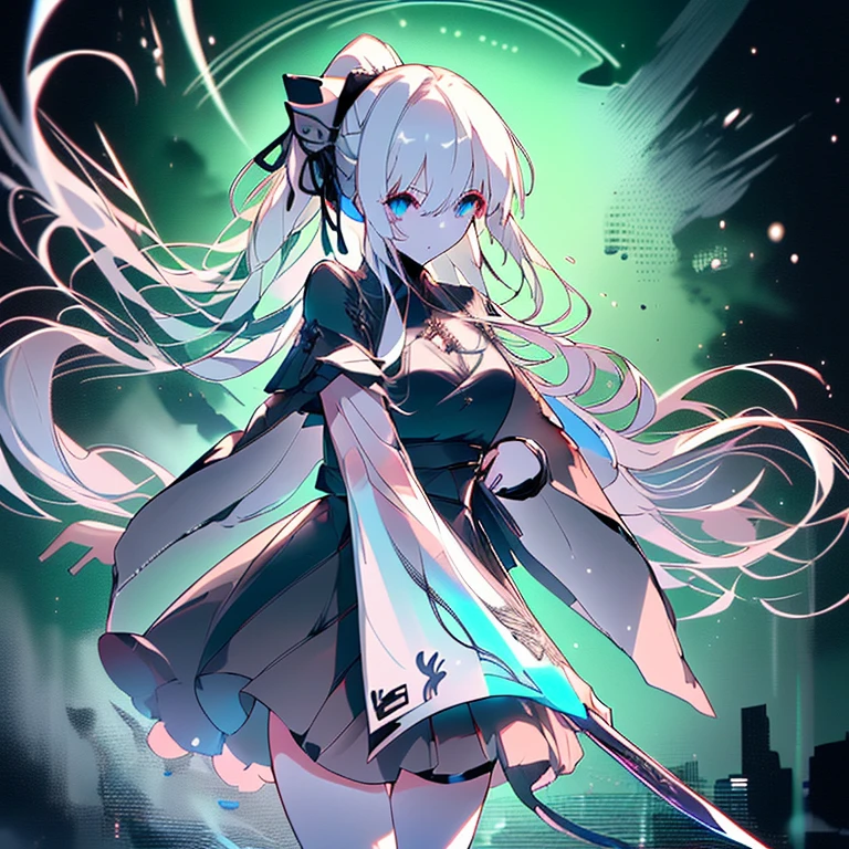 (highest quality,Super detailed,High resolution,wonderful,Attention to detail)White Hair,Long Hair,ponytail,ハイponytail青い瞳,Sharp Eyes,A flawless expression,beautiful,Ready your weapon,Ready for battle,Cinema Lighting,thought,Black Dress,Miniskirt,Night Sky,cool,