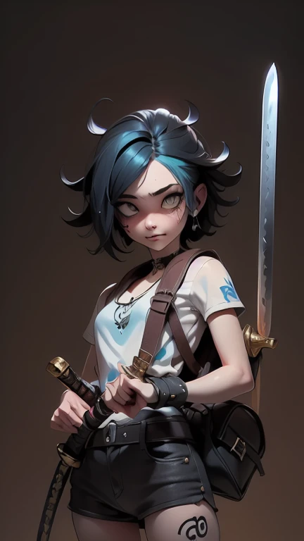 ((18-year-old punk girl,Unusual punk hair:1.3)),((Blue and white British punk fashion:1.5)),(Light black and blue hair:1.5、Long Bangs:1.5、short hair)Studded clothing、((Holding a sword in his right hand:1.5))、((Small backpack on the back))、（Narrow and small eyes）,Wacky makeup、Breast augmentation, (masterpiece), (High resolution), (Very delicate), nightmare, doll-like face, Manga style, Horror elements, Manga styleイラスト, Japanese painting, phantom, (Spooky), Japan sculpture, crazy illustration, antique, dark atmosphere, Flat Illustration,Spooky Appearance, Unique atmosphere
