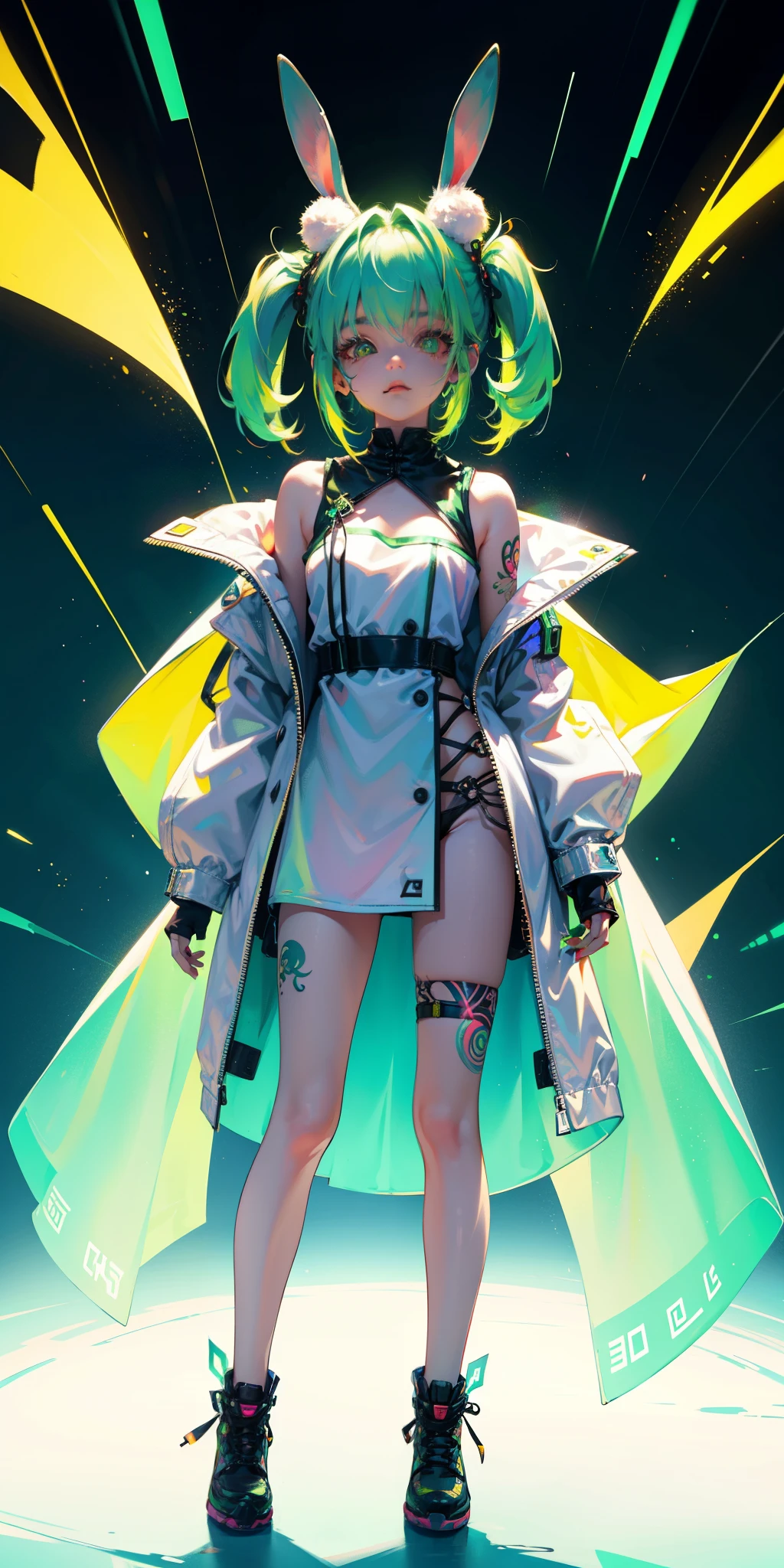 Rabbit technique , Science Fiction, Fluffy , 
1 girl, Tattoo, Glowing tattoo, Glowing eyes, Colorful glowing hair , Full body love, Green Hair,
  Kawaiitech, Soft colors, Kawaii, Lovely colors,