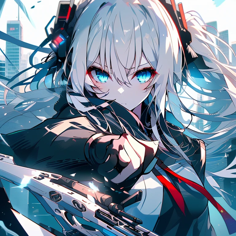 (High resolution,highest quality,Super detailed,wonderful,Attention to detail,masterpiece)White Hair,Long Hair,ponytail,ハイponytail,Hair blowing in the wind,Blue Eyes,Sharp Eyes,Flawless expression,Cool Beauty,Cinema Lighting,Ready your weapon,Assassin,Pointing the muzzle,building,City,Sniper,Cyberpunk outfit,Black clothes,gorgeous,thought,