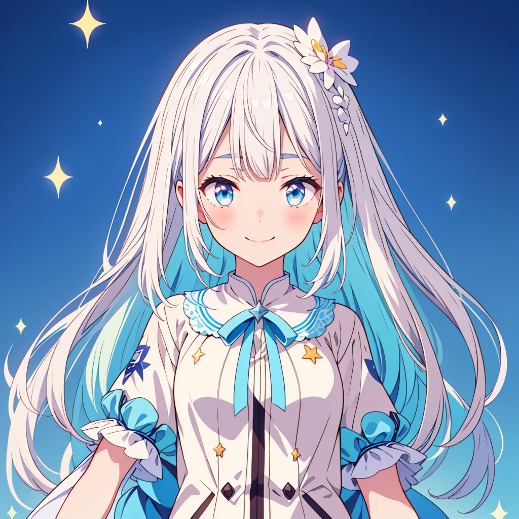 可愛的笑容、星仙子、发光的头发 、Vtuber 一半、比眉毛短的瀏海 Aster Piece、最好的品質、最佳插圖、超細、上半身、獨自的、1 名女孩、看著相機、直立、雙臂放在身體兩側、美丽精致的眼睛、概念藝術、更多正面、白色背景、簡單的背景、下垂的大眼睛、超細網孔、閃閃發光的眼睛絲白和藍色漸變長髮、短袖、水彩鉛筆、慈祥的臉孔、虚拟 YouTuber、