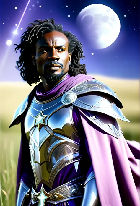 A black man, a cleric, wearing a ligth silver armor and a purple cloak with details of stars, constellations, and moons. He is t...