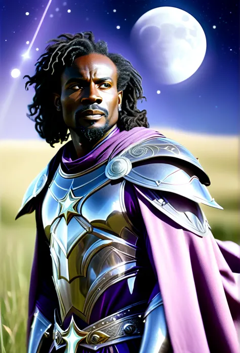 a black man, a cleric, wearing a ligth silver armor and a purple cloak with details of stars, constellations, and moons. he is t...