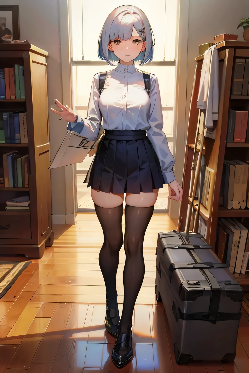 highest quality, expensive_solve, clear_image, classroom, Shy  in uniform,Black bob cut, Swollen breasts,mini skirt,Thighs,black tights
