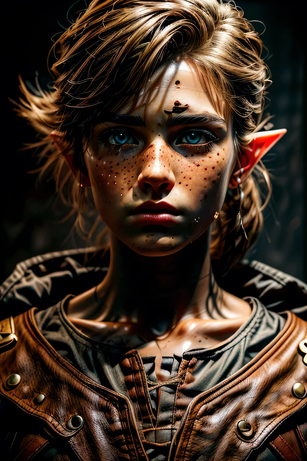 ((Link)) brave warrior, protagonist and heroic figure, ((photography by Robert Richardson)), fantasy art, hyperrealism that captures every detail of his face and warrior figure. beautifully detailed face, freckles, Caucasian, his facial expression is angry, frowning, Detailed skin, (16 year old boy)), [blue eyes] detailed eyes, ((blond hair)), shoulder length hair, tied in a short ponytail, detailed hair, ((wearing the Champion's armor)), impressive image quality, with a resolution of 32K. Dramatic, cinematic lighting plays with shadows and enhances details, creating an ultra-detailed effect, Masterpiece, best quality, intricately detailed, Sharp features, natural light reflection, cinematic, ((light dramatic )), Refracted light, Film light, atmospheric, ((dark background)), creative, (photorealism:1.3), (dynamic shadows, dynamic lighting:1.2), (natural skin texture:1.5), (detailed shadows: 1.5), (intricate details:0.8), (cinematic aspect:1.4) 