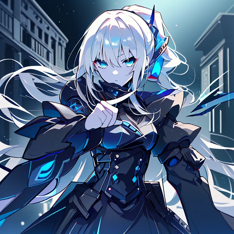 (High resolution,highest quality,masterpiece,Super detailed,Attention to detail,wonderful,)White Hair,Long Hair,ponytail,Blue Eyes,Sharp Eyes,Flawless,Cinema Lighting,Cool Beauty,Assassin,Take advantage of the darkness,City,Night view,Pointing the muzzle,Ready for battle,Black clothes,cool,Blue Butterfly,cyber punk,gorgeous,thought,