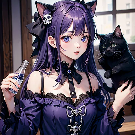 Holds a purple bottle、scholar、math、purple poison、skull、study、Cat with navy blue ribbon、Navy blue hair、Navy blue eyes