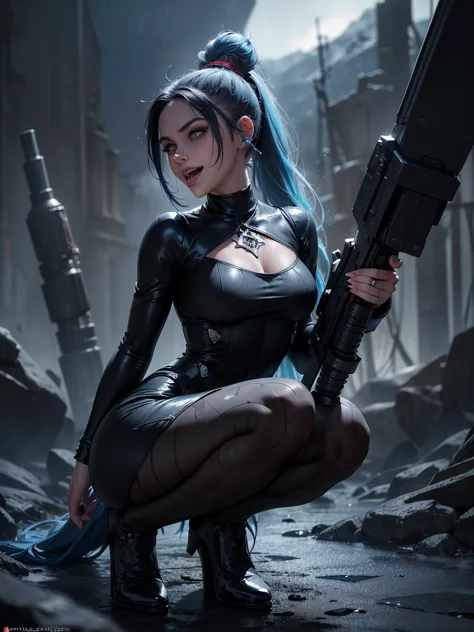 (Long-range shooting: 1.5), jinx \(league of legends\), (1girl，League of Legends Jinx)，(Scarlet eyes: 1.2, crazy laughter, Blue ...