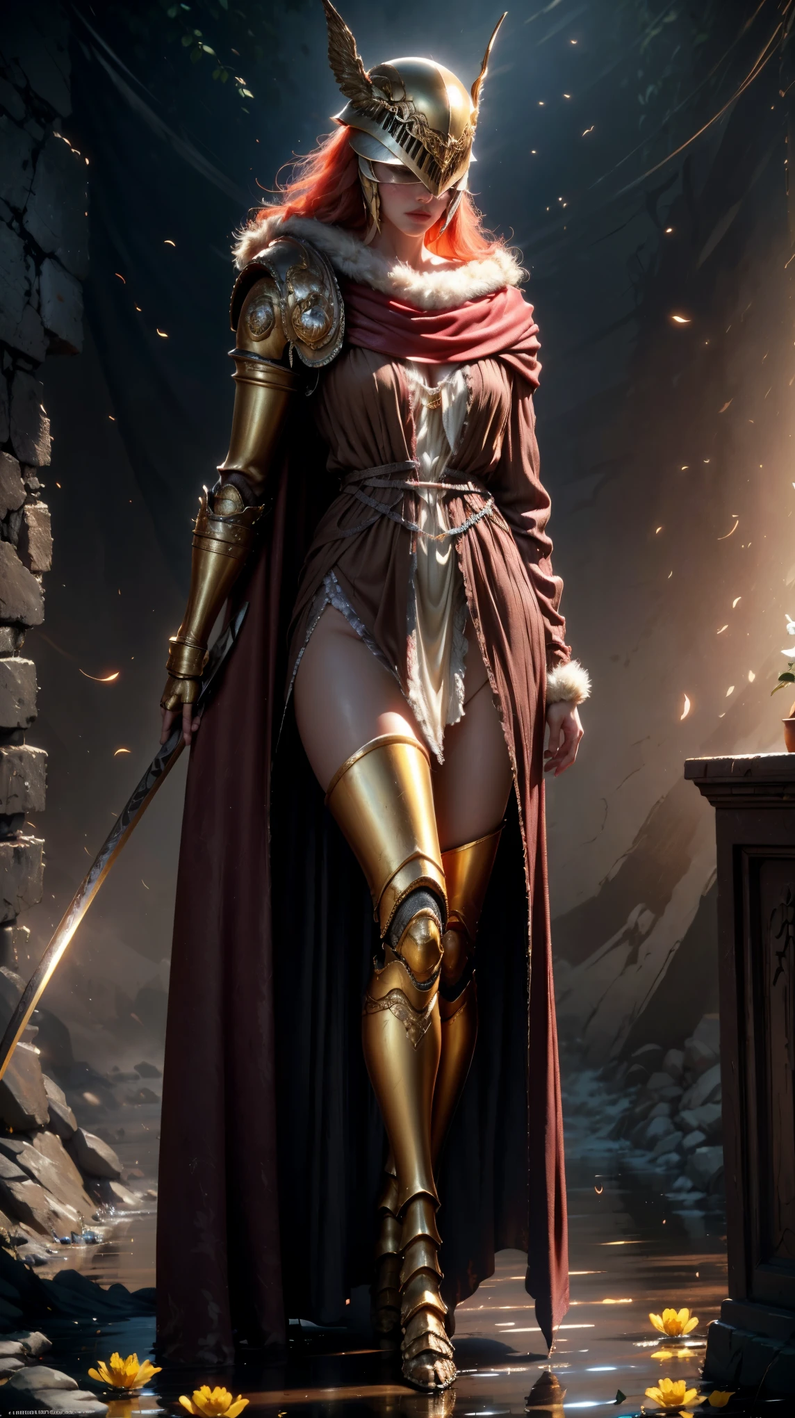 Highly detailed, High Quality, Masterpiece, beautiful, Malenia, prothestic leg, single mechanical arm, prosthesis, armor, cape, helmet, brown dress, sword, holding sword, full body, wide shot, flower, water, solo, sunset, stylebuff, night, (dark environment), Highly detailed, high quality, masterpiece, beautiful, 1 girl, prosthetic leg, single mechanical arm, prosthesis, MaleniaDef, armor, cape, helmet, brown dress, full body, (best quality)), ((masterpiece: 1.2) ), (extremely detailed: 1.1), (8k, high quality, cinematic, hyper realistic, illustration), (autodesk maya, octane rendering, unreal engine, game character, ray tracing, hdr), (16mm focal length , f/4 aperture, dynamic perspective, depth of field), (1 girl, dynamic angle, casting pose. malenia, long bright red hair like blood, brown thorn-woven dress, single mechanical arm, prosthetic leg, prosthesis, boots of battle. Cloak of blood, underlying golden armor, valley of withered flowers, ancient sculptures around it), 3d, realistic, CG, 3D model, beautiful, elegant, confident, (hdri, bloom, edge lighting, soft lighting, discreet), zhongfenghua, delicate\(armor\) ancient robe, golden helmet, mage_glam, caftan,
