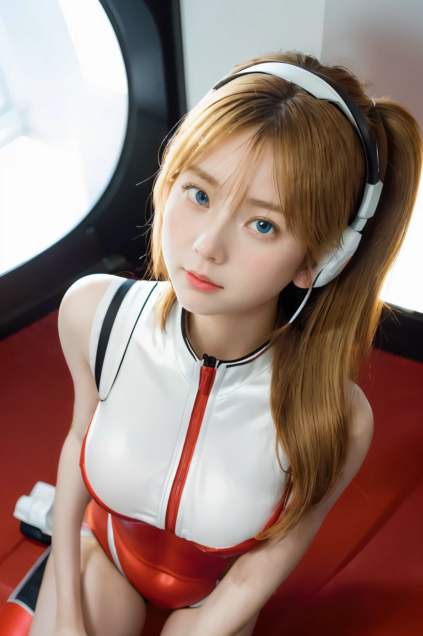 (Overhead view),dynamic angle,ultra-detailed, illustration, close-up, straight on, 1girl, 
 ((souryuu asuka langley, interface headset, red bodysuit:1.4, blonde)),Her eyes shone like dreamy stars,(glowing eyes:1.233),(beautiful and detailed eyes:1.1),(expressionless,closed mouth),(standing), 
(mechanic room with toolsand spaceship windowin a white SPACESHIP),
(night:1.2),dreamy, [[delicate fingers and hands:0.55]::0.85],(detail fingers),