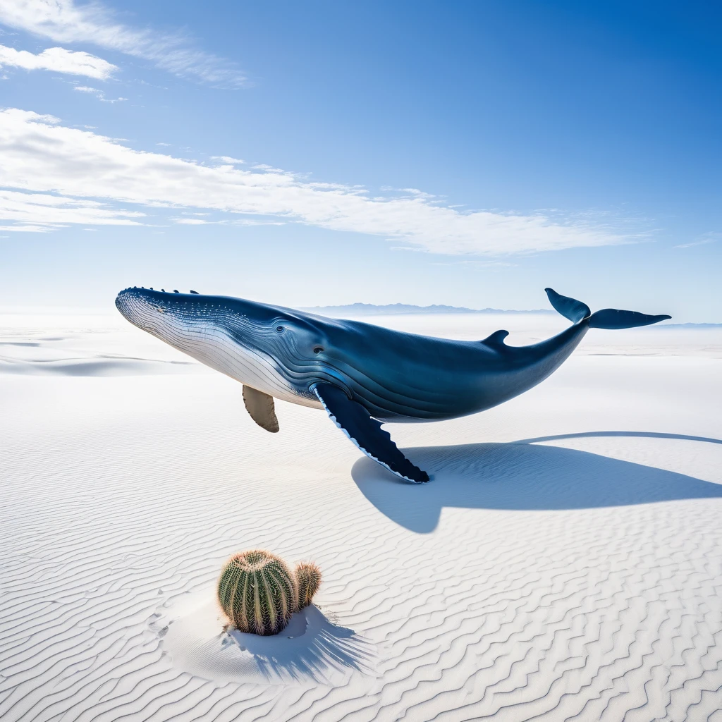 A large, imposing blue whale, gracefully floating against gravity amidst fluffy white clouds. This surreal scene is set in an expansive desert backdrop, sprinkled with small groups of cacti and sand dunes undulating to the horizon. The sky above the whale and desert is cast in a soft afternoon hue, adding a warm ambience to this otherwise barren landscape.