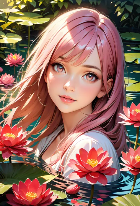 (best quality,realistic:1.37),a girl surrounded by beautiful water lilies,in a serene garden,with vibrant colors and sharp focus...