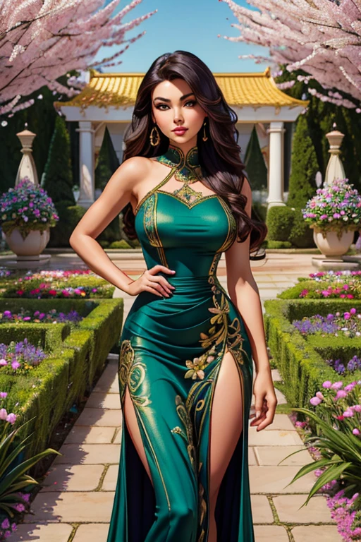 Best Quality,masterpiece,very sharp image,extremely beautiful woman,pinup,standing,highly detailed beautiful face,big eyelahes,minimum waist,gold embroided maxi slit dress, tights,long hair,excellent sense,(((one person))),highly detailed body,flower garden in spring scenario