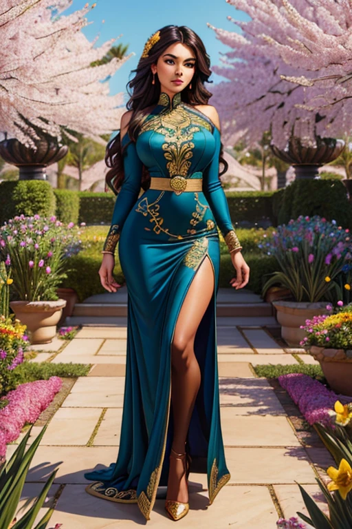 mejor calidad,obra maestra,imagen muy nítida,mujer extremadamente hermosa,fijar,de pie,hermoso rostro muy detallado,pestañas grandes,Cintura mínima,vestido maxi con abertura bordado en oro, medias,pelo largo,Excelente sentido,(((one person))),cuerpo muy detallado,Jardín de flores en primavera