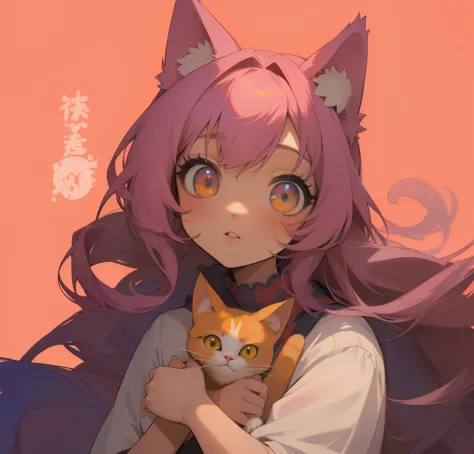 chica anime con ojos morados sexys y cabello rosa esponjoso con un gato en su regazo, lindo anime cat girl, anime chica con orej...