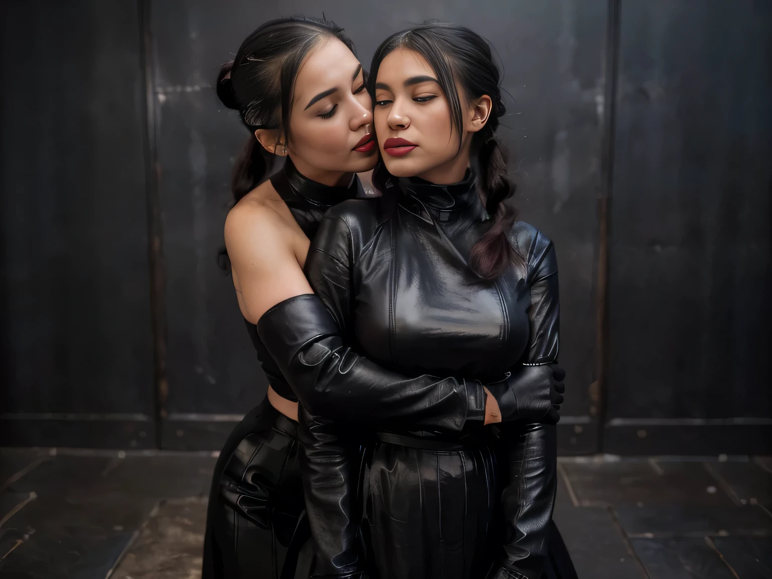proFessional  photograph oF a gorgeous eyes closed soaked Bettie page girl and  her sister, (( grabbing from behind, kissing her on the neck,biting his ear )dressed with a large black leather coat,ponytail Black hair, red lipstick,black long maxi-skirt(black long maxi-skirt:1.2),sultry Flirty look, gorgeous symmetrical Face, joli maquillage naturel, wearing elegant warm winter Fashion clothing,flirting with the camera, ((black leather gloves)),, ultra realistic, art conceptuel, elegant, Very detailed, complexe, sharp Focus, depth oF Field, F/1. 8, 85mm, (((proFessionally color graded))), bright soFt diFFused light, (volumetric Fog), tendance sur Instagram, hdr 4k, 8K