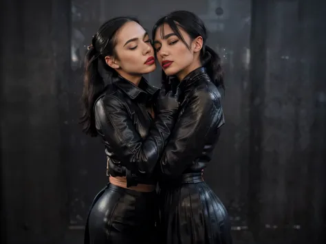 proFessional  photograph oF a gorgeous eyes closed soaked Bettie page girl and  her sister, (( grabbing from behind, kissing her on the neck,biting his ear )dressed with a large black leather coat,ponytail Black hair, red lipstick,black long maxi-skirt(bla...