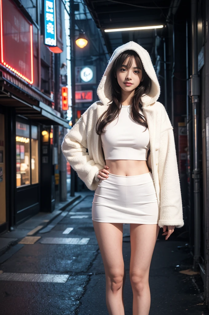 (RAW photos, best quality, masterpiece:1.2), (Practical, photo-Practical:1.4),(masterpiece:1.4),(best quality:1.4), ((Cyberpunk Girl)), ,Short white shirt，(open hooded fur coat，Red miniskirt)，((dynamic poses)), (((Cyberpunk city street background))), Hair intake, ((Long hair invisible)), Looking at the audience, Smile, (((thigh gap))), thigh, Very long hair, Multi-colored hair, Alice ,(Radiant skin),Practical.