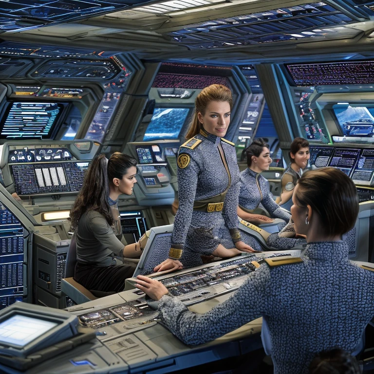 Female starship Enterprise captain stands on the Enterprise bridge and commands her starship crew, in the background large window with another starship firing on the Enterprise, short captain uniform dress. Boots belt with weapon, computer consoles, screens, buttons, switches, touch screen, several crew members on the bridge, ((Starship Enterprise insignia on the chest: 1.5)), Short tight uniform dress with deep V-neck, (((Large spaceship bridge: 1,4))), ((Several crew members are sitting at consoles on the Enterprise bridge: 1.3)), ((heavily made up, long eyelashes, long fingernails: 1.5)), commanding posture, (((whole person: 1.5)))