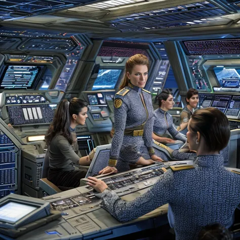 Female starship Enterprise captain stands on the Enterprise bridge and commands her starship crew, in the background large windo...