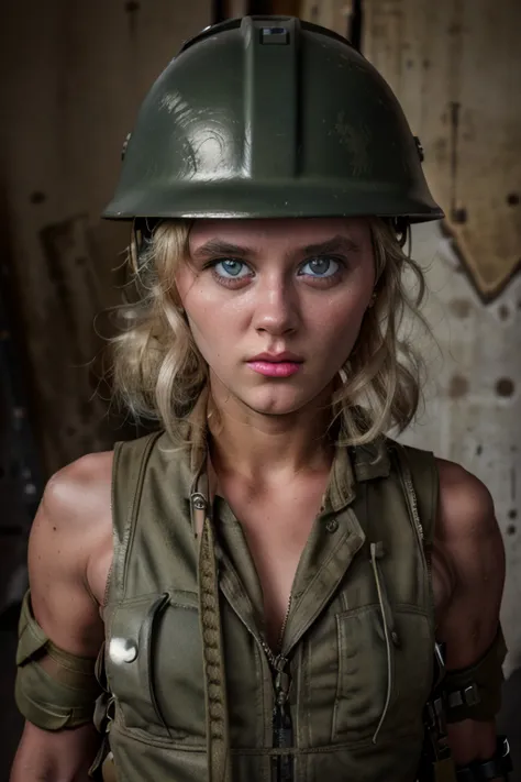 1girl, 1944, female soldier, blonde hair, military, blue eyes, dirty face, (helmet), goggles on helmet, headset, ponytail, milit...