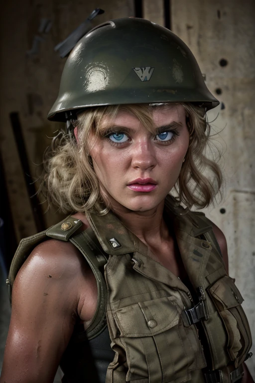 1 chica, 1944, mujer soldado, pelo rubio, militar, blue eyes, cara sucia, (casco), goggles on casco, auriculares, cola de caballo, militar clothes, chaleco antibalas, hombreras, mirando al espectador, serious, de cerca, ww1, iluminación brillante, alta calidad, obra maestra, 