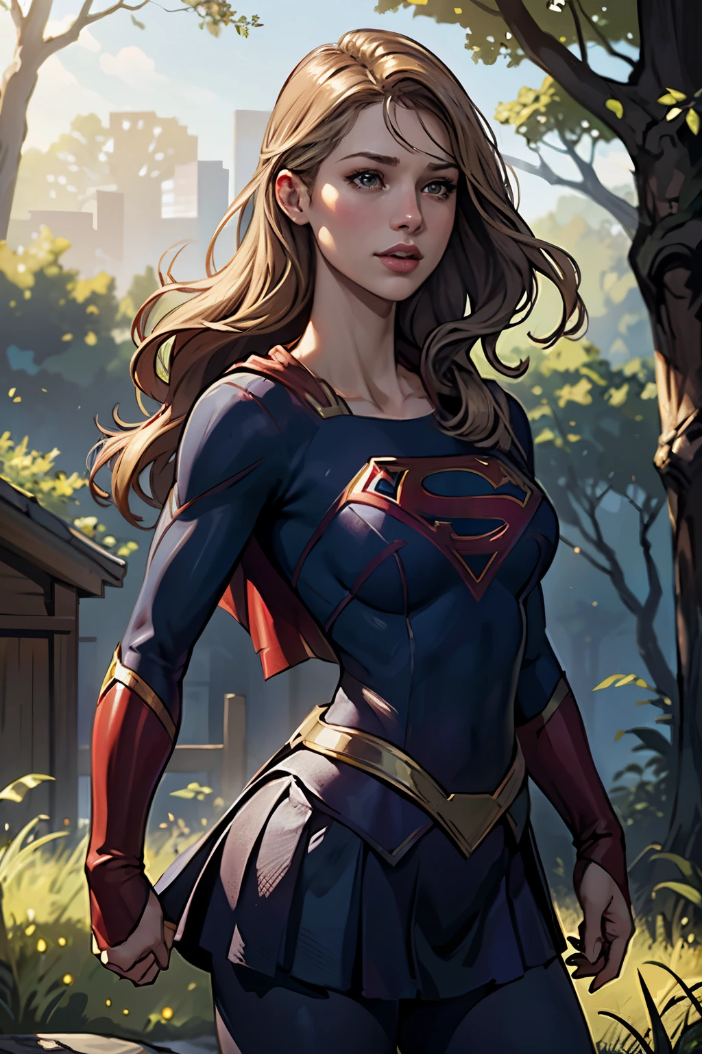 ((highest quality)), ((masterpiece)), (be familiar with), (High definition), (Realistic), (Realistic), (Best Shadow), Low contrast, (Complex:1.4), Side lighting, 8K, ((melissa Benoist)), ((SUPER GIRL)), Perfect Face、Detailed、(Accurate hand and finger depiction)、supergirl women、Blonde、Voluptuous body、((Large Breasts))、Narrow waist、Big Ass、Alluring、glamorous、((Bust Shot))、sweating、On the grass、in the deep forest、blue sky、((Bust up:1.2))