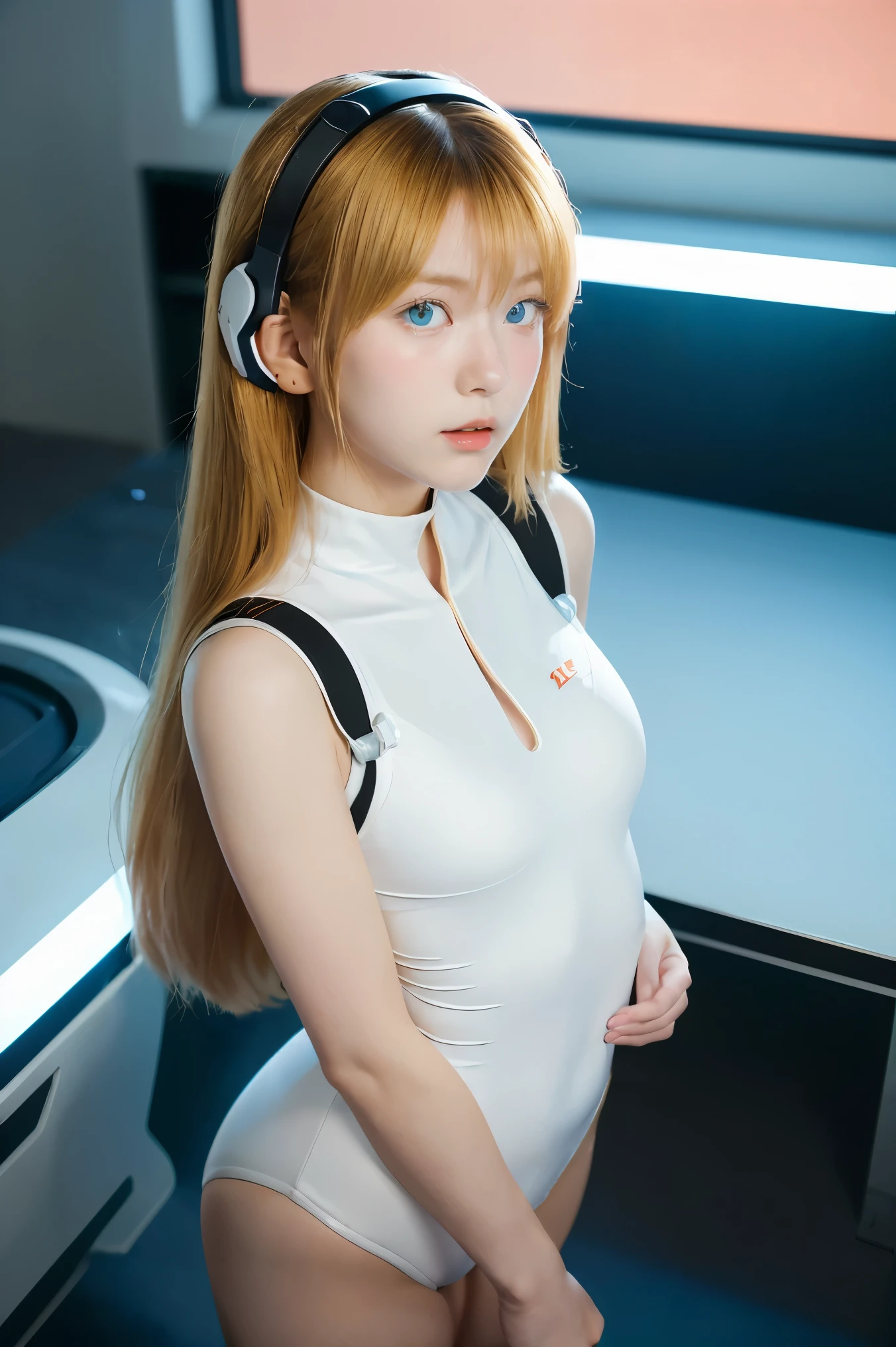 (Overhead view),dynamic angle,ultra-detailed, illustration, close-up, straight on, 1girl, 
 ((souryuu asuka langley, interface headset, red bodysuit:1.4, blonde)),Her eyes shone like dreamy stars,(glowing eyes:1.233),(beautiful and detailed eyes:1.1),(expressionless,closed mouth),(standing), 
(mechanic room with toolsand spaceship windowin a white SPACESHIP),
(night:1.2),dreamy, [[delicate fingers and hands:0.55]::0.85],(detail fingers),