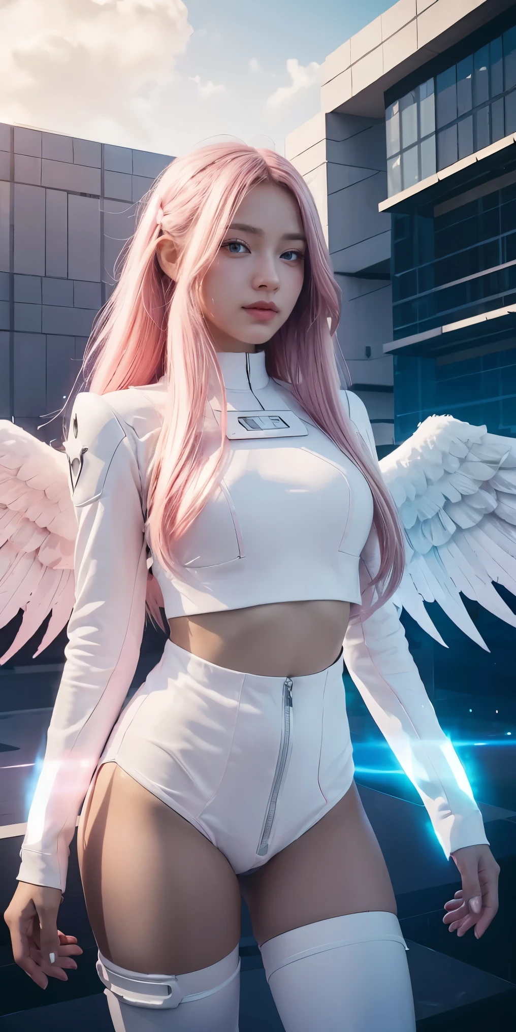 ((masterpiece, best quality, extremely detailed), volumetric lighting, ambient occlusion, colorful, glowing), 
1girl, solo, young girl, (pink hair), long hair, halo, aura, sacred, godness, cyber suit, (white outfit:1.3), android, bot, angel wings,
outdoors, sunset, sky, clouds, space, (cyberpunk theme:1.2),