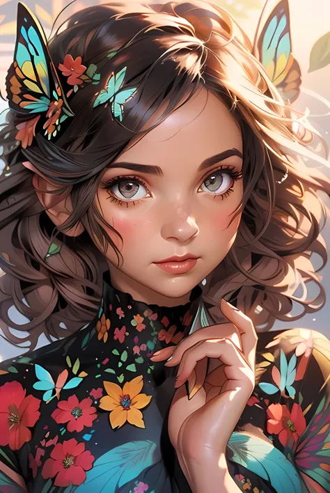 Charlie Bowater realistic Lithography sketch portrait of a woman, butterflies shaped like flowers and leaves, butterflies, flowe...