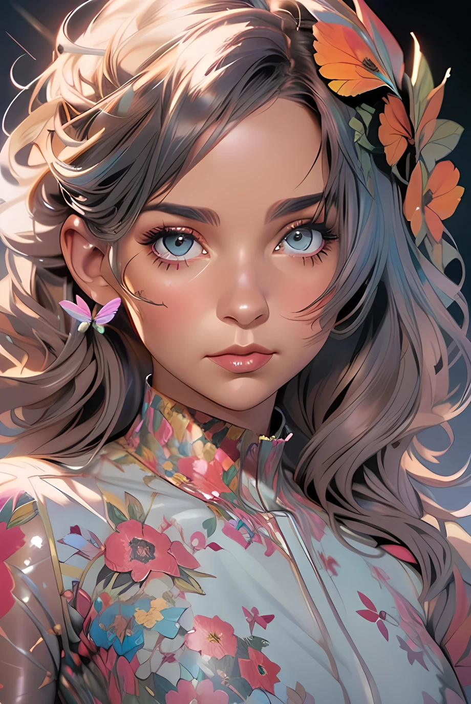 Charlie Bowater Litografia realista esboço retrato de uma mulher, borboletas shaped like Flores and leaves, borboletas, Flores, cores quentes, [engrenagens], pipes, dieselpunk, fitas multicoloridas, textura de papel antigo, Altamente detalhado, pacífico e bonito, Final Fantasy XV