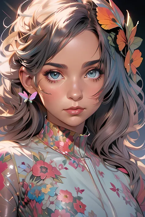 charlie bowater realistic lithography sketch portrait of a woman, butterflies shaped like flowers and leaves, butterflies, flowe...