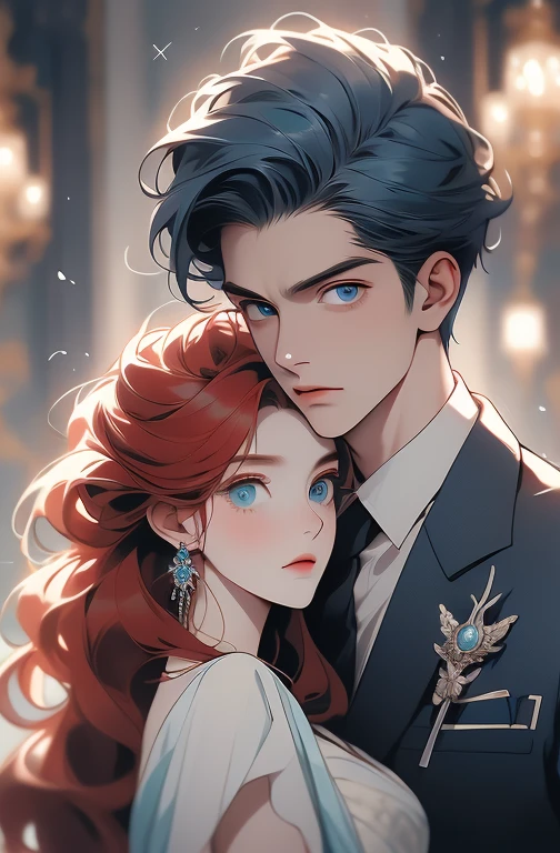 (High quality , ultra detailed, careful with hand) Zodiac - Cancer god, similar to latin good , Intelligent, crafty, rational, strong-willed face , Tenacious, moody, irritable, oppressive style ,  ocean blue eyes(eyes detail), dark red hair , elegant greek clothing  , in the ballroom with partner  , height difference. whole body , musculoso,