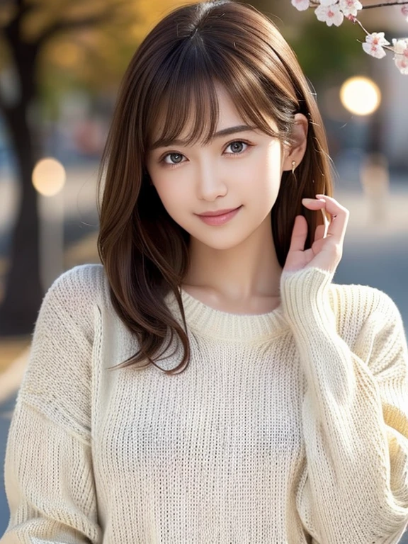 1 girl,(ivory sweater:1.4),, (RAW Photos, highest quality), (Realistic, Photorealistic:1.4), Tabletop, Very delicate and beautiful, Very detailed, 8k wallpaper, wonderful, finely, Very detailed CG Unity, High resolution, Soft Light, Beautiful and detailed 29 year old girl, Very detailed目と顔, Beautiful and detailed nose, finelyて美しい目,City lights during the day,Perfect Anatomy,Slender body,smile  (Asymmetrical bangs, Light brown hair,)cherry blossoms