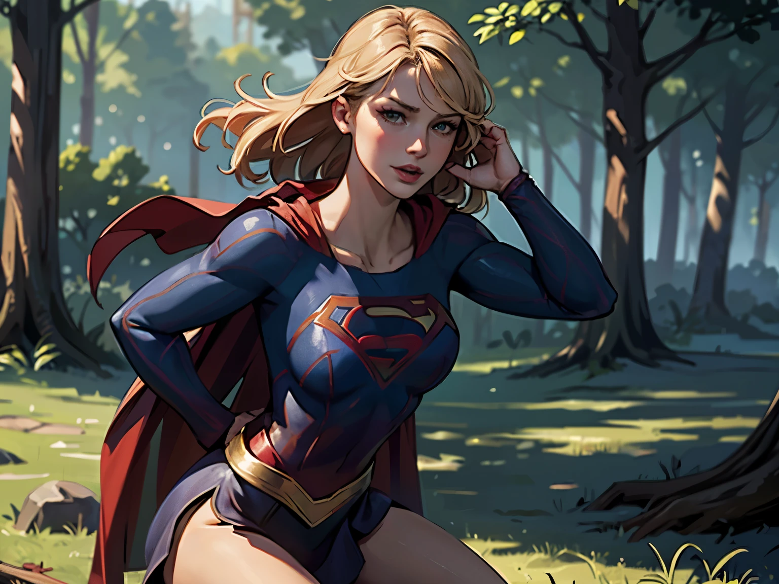 ((highest quality)), ((masterpiece)), (be familiar with), (High definition), (Realistic), (Realistic), (Best Shadow), Low contrast, (Complex:1.4), Side lighting, 8K, ((melissa Benoist)), ((SUPER GIRL)), Perfect Face、Detailed、(Accurate hand and finger depiction)、supergirl women、Blonde、Voluptuous body、((Large Breasts))、Narrow waist、Big Ass、Alluring、glamorous、((Bust Shot))、sweating、On the grass、in the deep forest、blue sky、((Chest up:1.2))