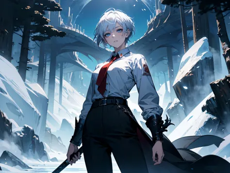 1 female,, 26 year old, feminine, short white hair, Attractive, red tie, White shirt, Black belt, Black pants, Long large eyes o...