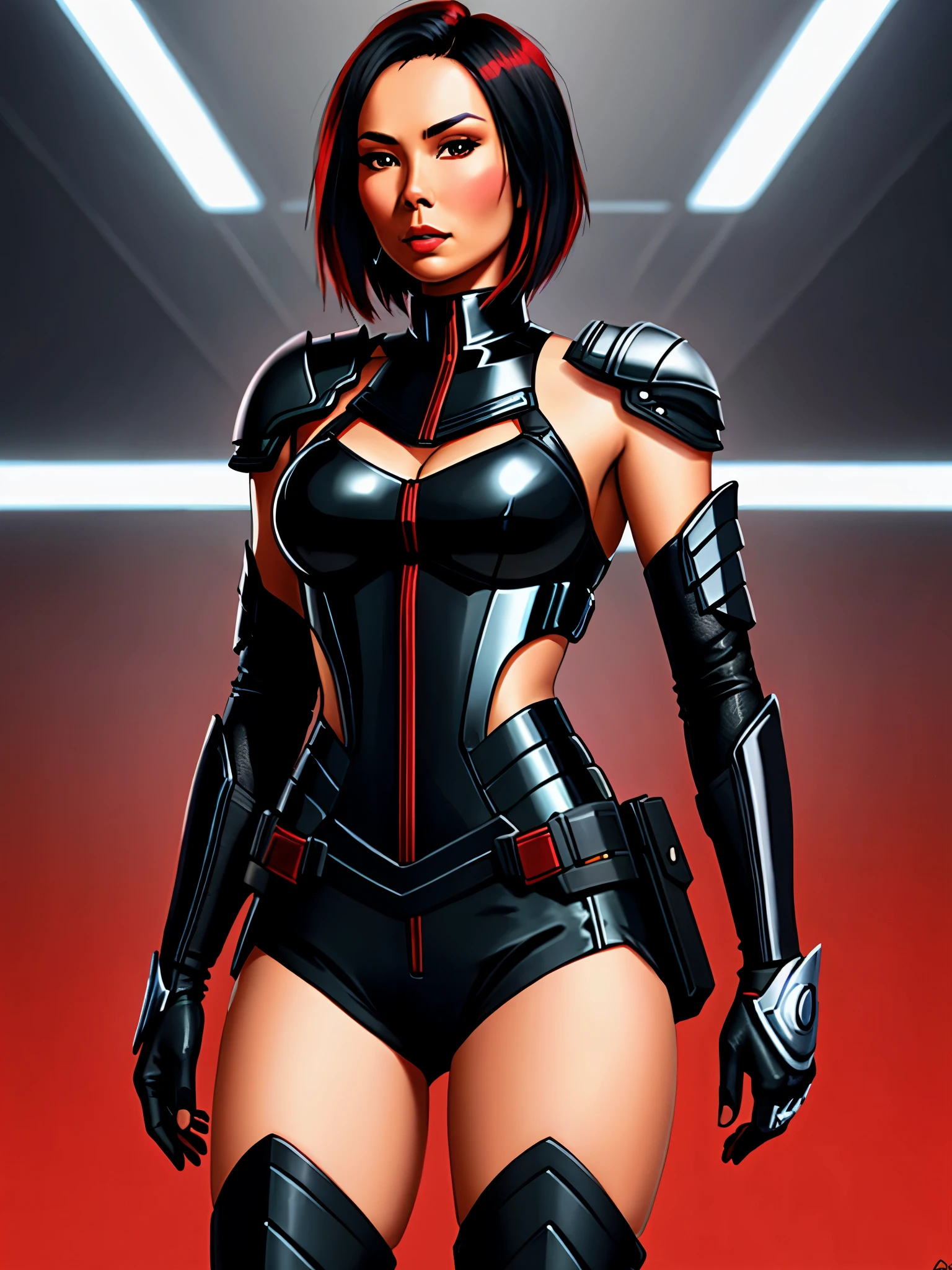 Lexa Doig, short bobcut black hair with red streaks,sleek futuristic outfit, carbon fibre

