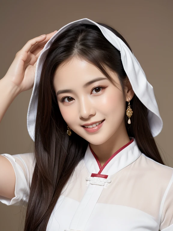 (High resolution photos, bust, 1 girl, 28 years old, woman, Facial details, Baby fat, Waist Accessories, Hand in hand, smile, Teeth are not very visible, White skin, Upper Body, Chinese traditional clothing, Model pose, Studio Lighting)