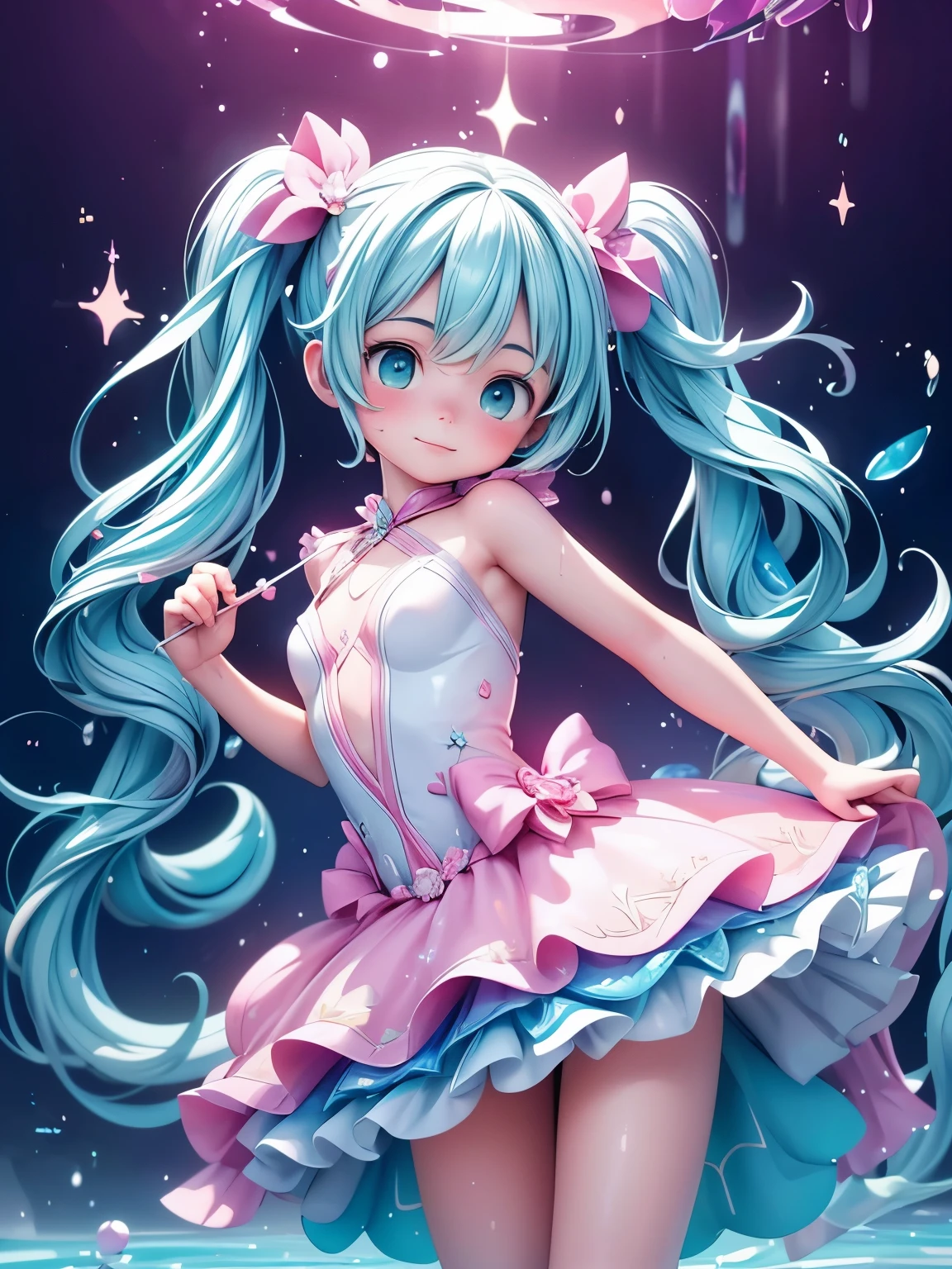 (masterpiece、highest quality、highest quality、Official Art、Beautiful and beautiful:1.2)、(One girl:1.3)Hatsune Miku、Twin tails,Big Breasts,beautiful girl,  White ball gown, Vibrant pastel colors, (colorful), long flowing liquid pink hair, Magic lights, sparkling Magic liquid, inspired Glen Keane, inspired By Lois Van Baarle, Disney Art Style, By Lois Van Baarle, An aura that glows around her, Glen Keane, Just a joke, Glowing Light! Digital Painting, Flowing, shiny hair, Shiny, flowing hair, Beautiful digital illustrations, Fantasia Background, Whimsical, Magic, Fantasy, ((masterpiece, highest quality)), Intricate details, Very detailed, Sharp focus, 8k resolution, Sparkling Eyes, Liquid watercolor
