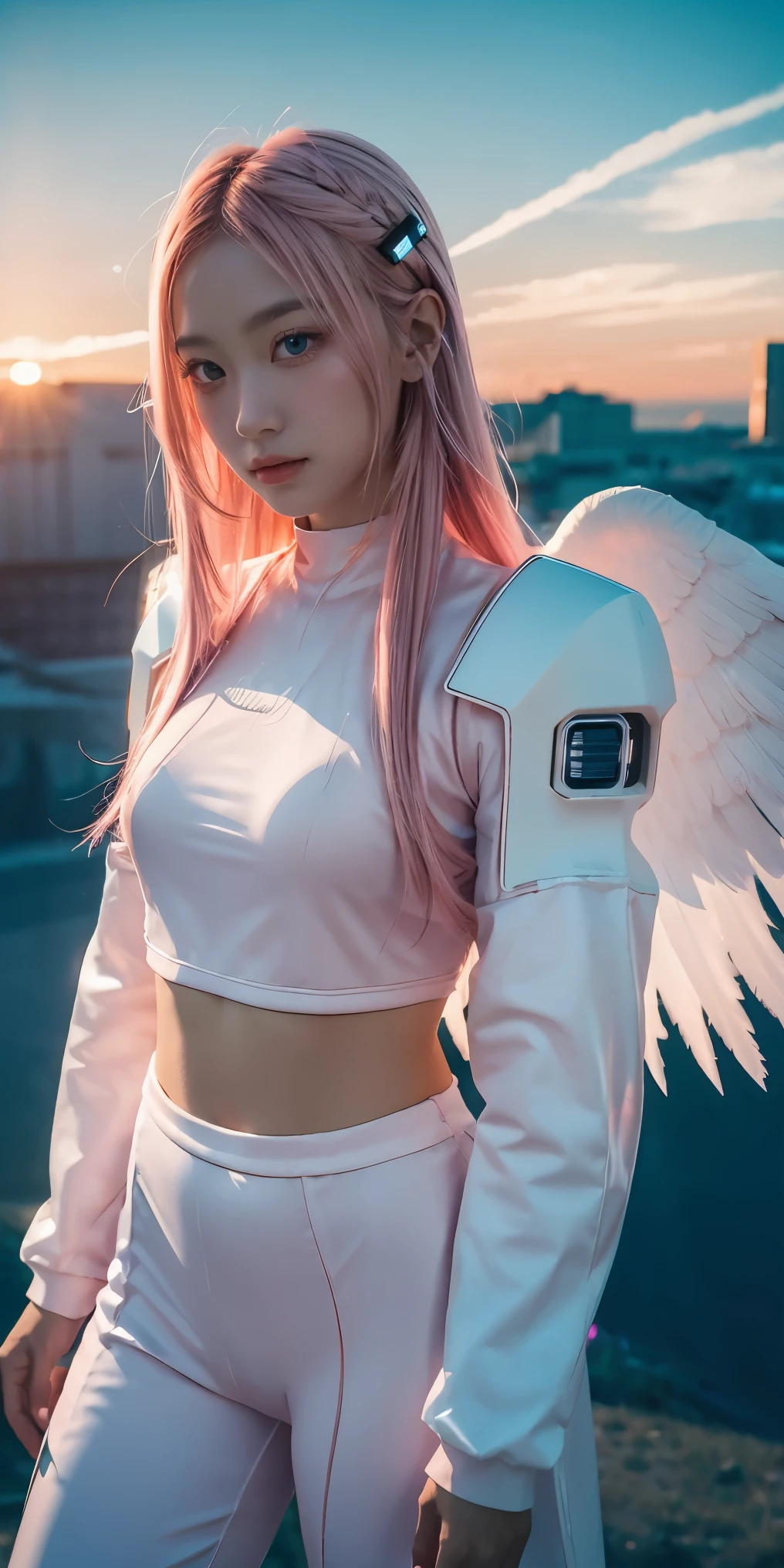 ((masterpiece, best quality, extremely detailed), volumetric lighting, ambient occlusion, colorful, glowing), 
1girl, solo, young girl, (pink hair), long hair, halo, aura, sacred, godness, cyber suit, (white outfit:1.3), android, bot, angel wings,
outdoors, sunset, sky, clouds, space, (cyberpunk theme:1.2),