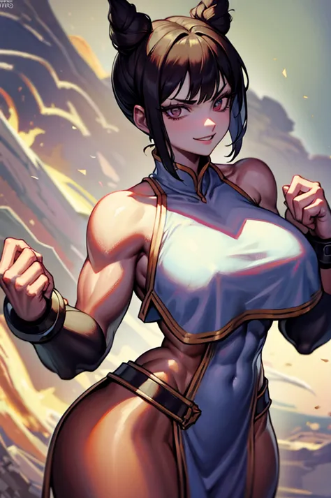 fitness,mulher jovem,short black hair , badass , full ancient armor,coxas torneadas,evil smile,juri han,chifres de cabelo,detalh...