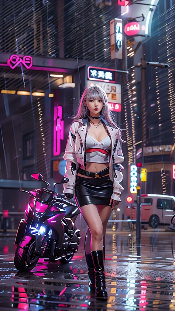 (Realistic:1.3, 16k, highest quality, masterpiece, Ultra-high resolution), ((rain, From below)), Perfect dynamic composition:1.2, (Modern futuristic city at night, Expressions of sadness:0.5, motorcycleを運転する:0.5), Highly detailed skin and facial textures:1.2, Young Japanese Woman, Incredibly slim body, Fair skin, Sexy beauty, Very beautiful face, beautifully、aesthetic, (Pink tight skirt, Wear cyberpunk clothes), (Shapely breasts, Chest gap), (Big eyes that exude beautiful eroticism, Lips that exude beautiful eroticism), necklace, Earrings, bracelet, wedding ring, Shoulder bag, clock, sunglasses, motorcycle, Cowboy Shot