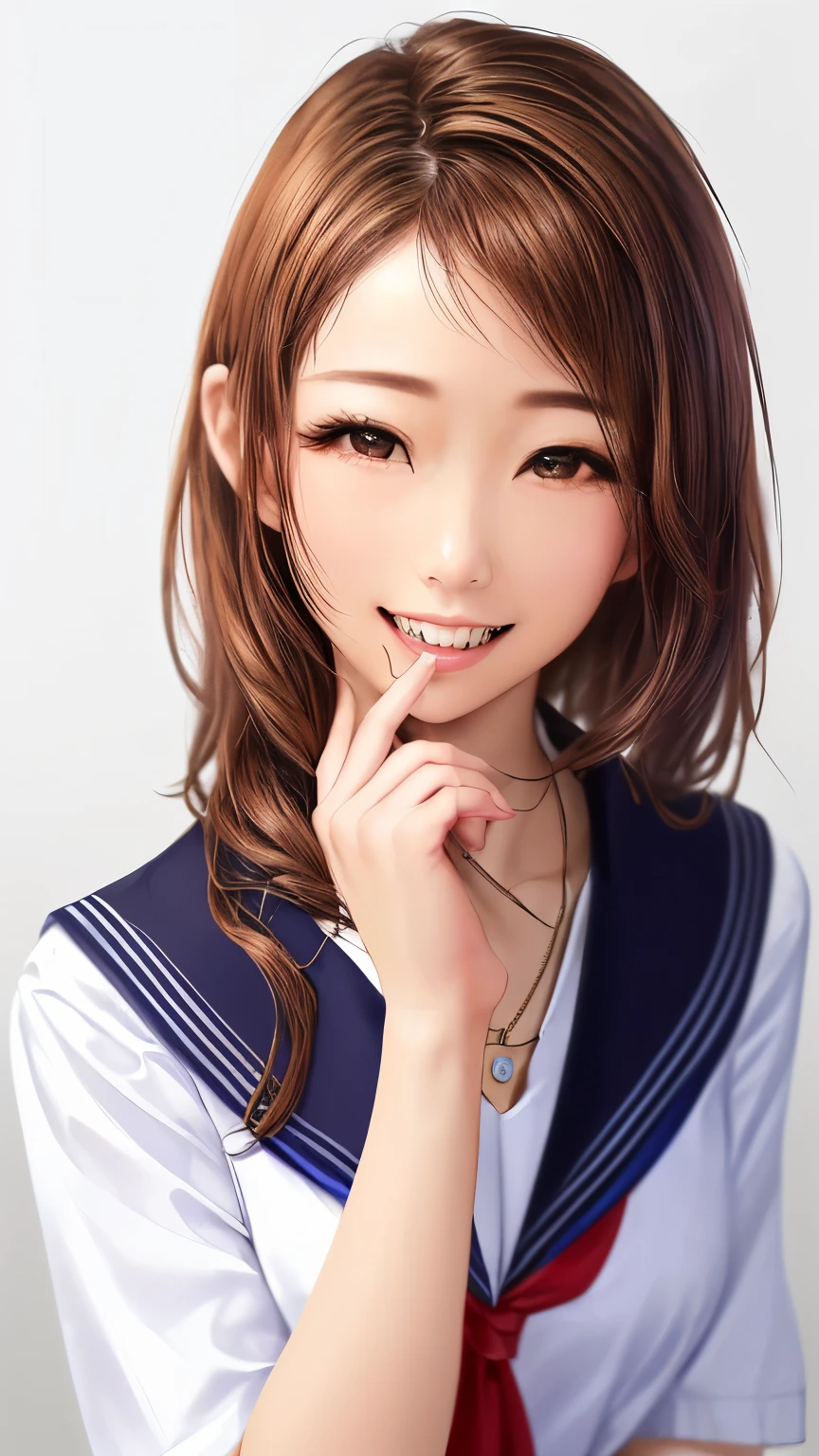 (highest quality、8k、32k、masterpiece)、(Realistic)、(Photorealistic:1.2)、(High resolution)、Very detailed、Very beautiful face and eyes、1 girl、Round and small face、Narrow waist、Delicate body、(close、highest quality、Attention to detail、Rich skin detail)、(highest quality、8k、Oil paint:1.2)、Very detailed、(Realistic、Realistic:1.37)、Bright colors、(((明るいBrown Hair)))、(((Full Body Shot)))、(((Long hair that reaches down to the waist)))、(((Pure white wall background)))、(((Pure white wall background)))、(((Wear a sailor uniform)))、(((I&#39;Laughter)))、(((Wearing a short-sleeved sailor suit)))、(((Look straight ahead)))、(((I have 茶色い髪)))、(((Wearing a heart necklace)))、(((She is wearing a sailor suit)))、(((Brown Hair)))、(((Place your right hand in front of your mouth)))、(((Has a shy look)))、(((Checkered Pleated Skirt)))、(((mini skirt)))、(((I&#39;Iは黒いニーソックスを履いています)))、(((Teeth are visible)))、(((I&#39;I enjoy skipping)))、(((I&#39;m. Barefoot)))