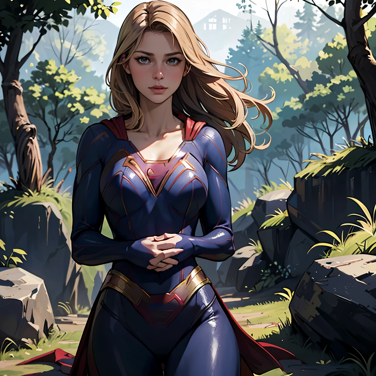 ((highest quality)), ((masterpiece)), (be familiar with), (High definition), (Realistic), (Realistic), (Best Shadow), Low contrast, (Complex:1.4), Side lighting, 8K, ((melissa Benoist)), ((SUPER GIRL)), Perfect Face、Detailed、(Accurate hand and finger depiction)、supergirl women、Blonde、Voluptuous body、((Large Breasts))、Narrow waist、Big Ass、Alluring、glamorous、((Bust Shot))、sweating、On the grass、in the deep forest、blue sky、((Chest up:1.5))