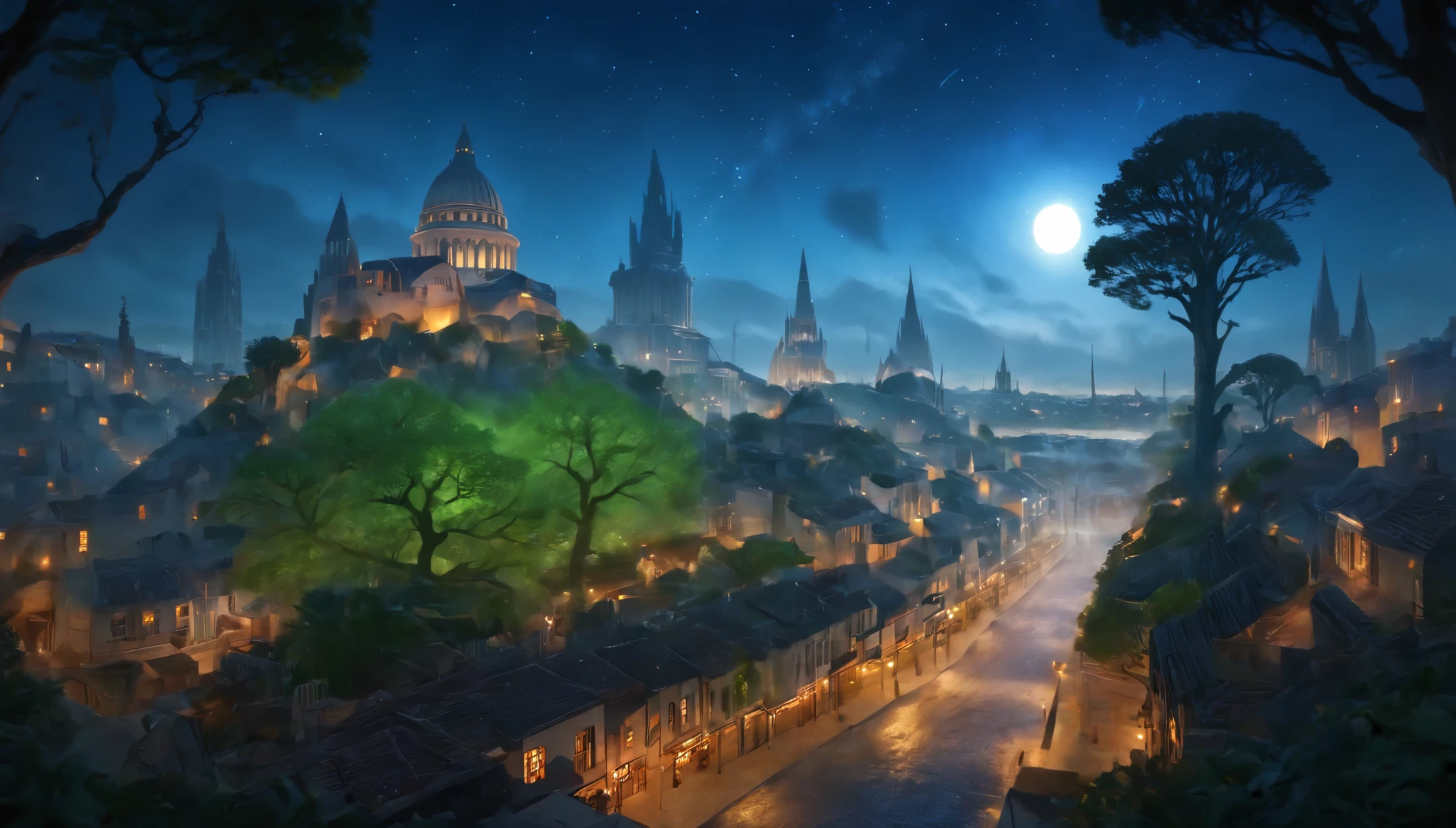 ((ciudad de duendes: 1.5)), (Obra maestra), (mejor calidad: 1.0), (Ultra high resolution: 1.0), detailed illustration, paisaje detallado, vibrante colores, 8k, Noche, nubes lunares, ((magical, hermoso , trees: 1.4 )), ((mejor calidad, vibrante, 32k de luz y sombras bien definidas)).