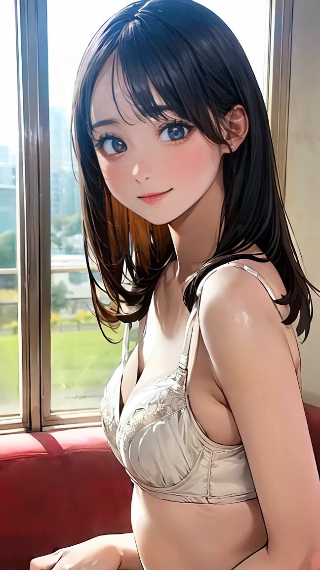 (masterpiece:1.2, highest quality), (realistic, photorealistic:1.4), beautiful illustrations, (natural side lighting, movie lighting), 
looking at the viewer, Upper body, (Front view), 1 girl, perfect face, Cute symmetrical face, shiny skin, baby face, long eyelash, (small breasts), (wide hips:1.2),long hair,
beautiful hair, beautiful face, detailed and beautiful eyes, beautiful body, beautiful breasts, beautiful thighs, beautiful feet, beautiful fingers,
(beautiful scenery),(cute smile:1.3, upper eye), 18yo,pale skin,white bra,white panties,lace lingerie,side tie panties,sitting living sofa,(halfcup bra:1.5),